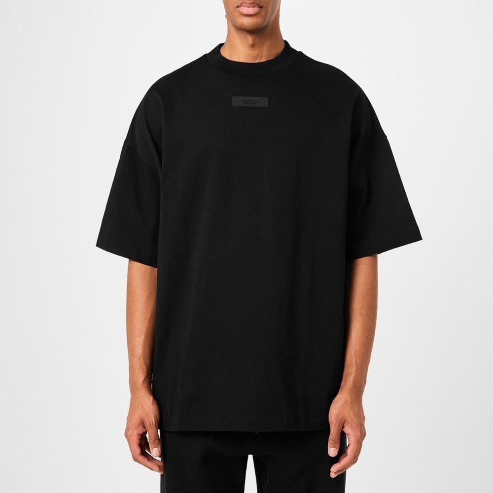 Fear of God Essentials Black Oversize Rubber Logo Patch Short Sleeve T-Shirt